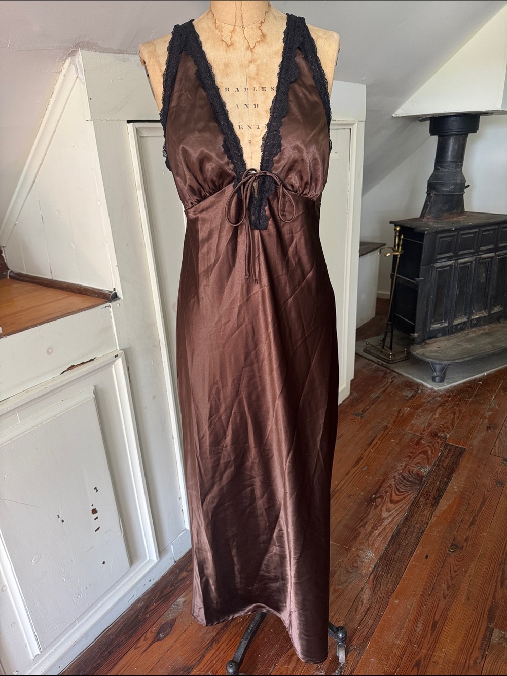 wild fable Brown Satin Midi Slip Dress with Black Lace Trim